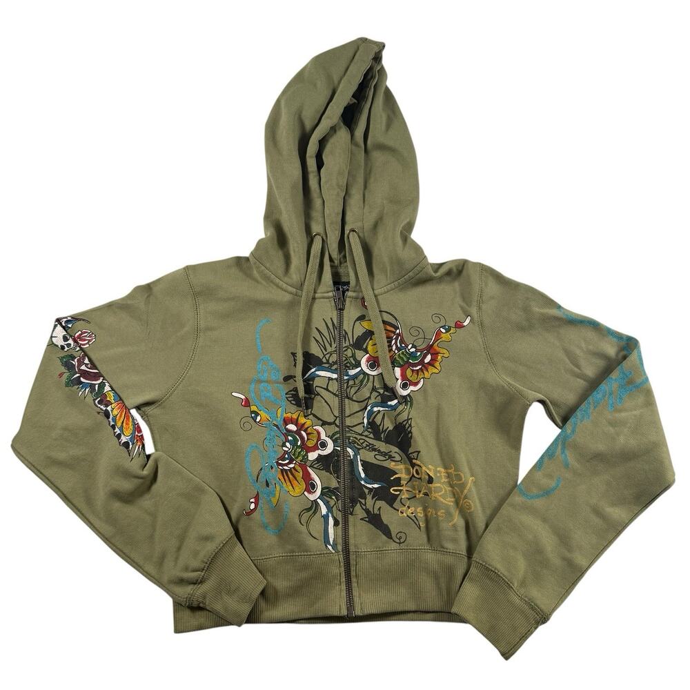 Ed Hardy Y2K Cropped Zip Hoodie Butterfly Tattoo Graphic Olive Green Women’s M